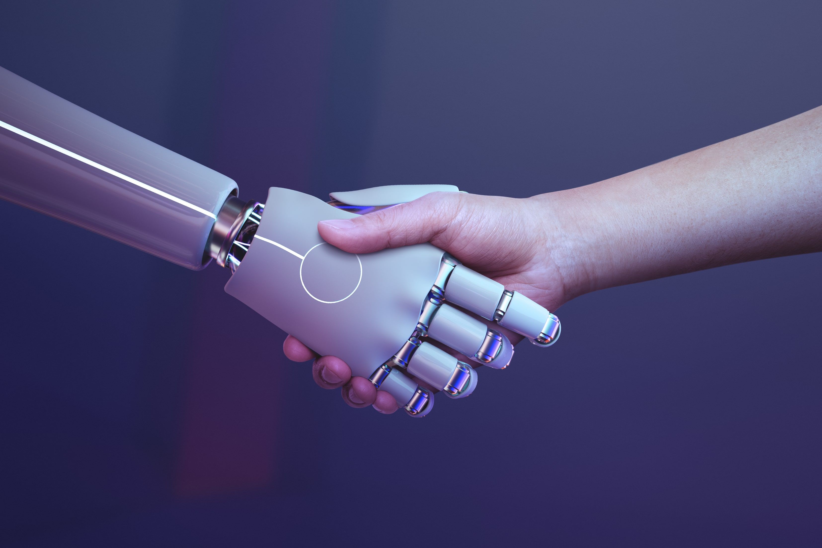 robot AI handshake with human futuristic background
